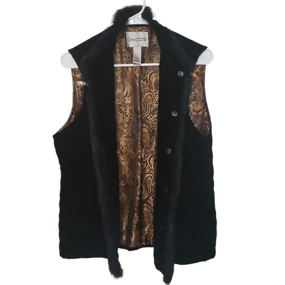 Chico's Vintage Velvet Paisley Vest Fur Trim Size 1/M Reversible Bohemian - Picture 2 of 10